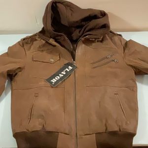 Small new with tags. Pig leather brown jacket with sip out hoodie.